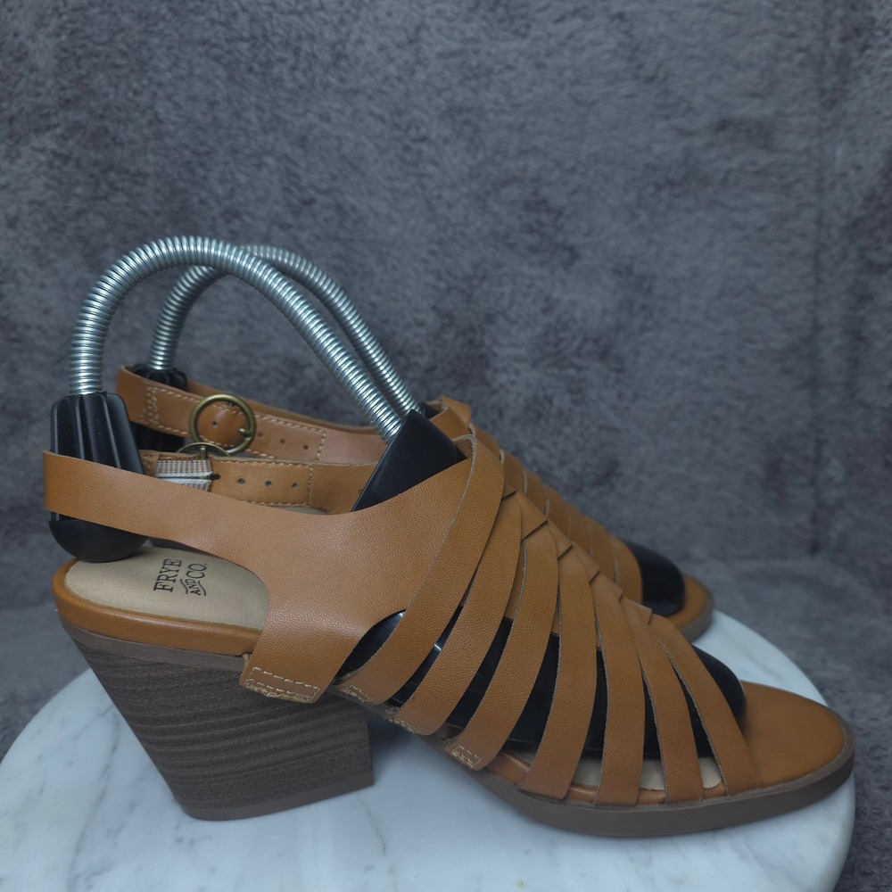 Frye and Co Galia Sandals Womens 7.5 Tan Strappy Woven Block Heel Buckle